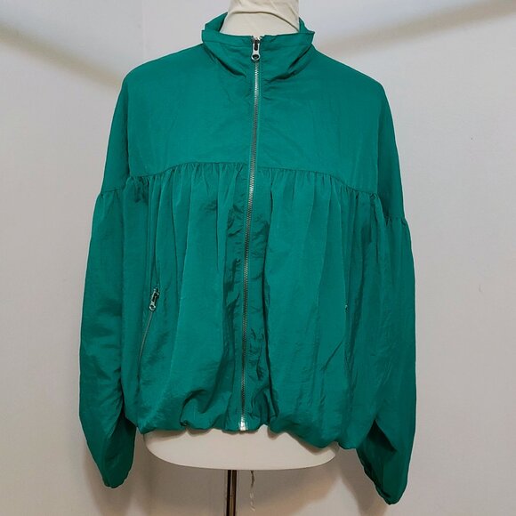 Free People Green/Teal Balloon Sleeve Bomber Jacket M - Picture 1 of 11